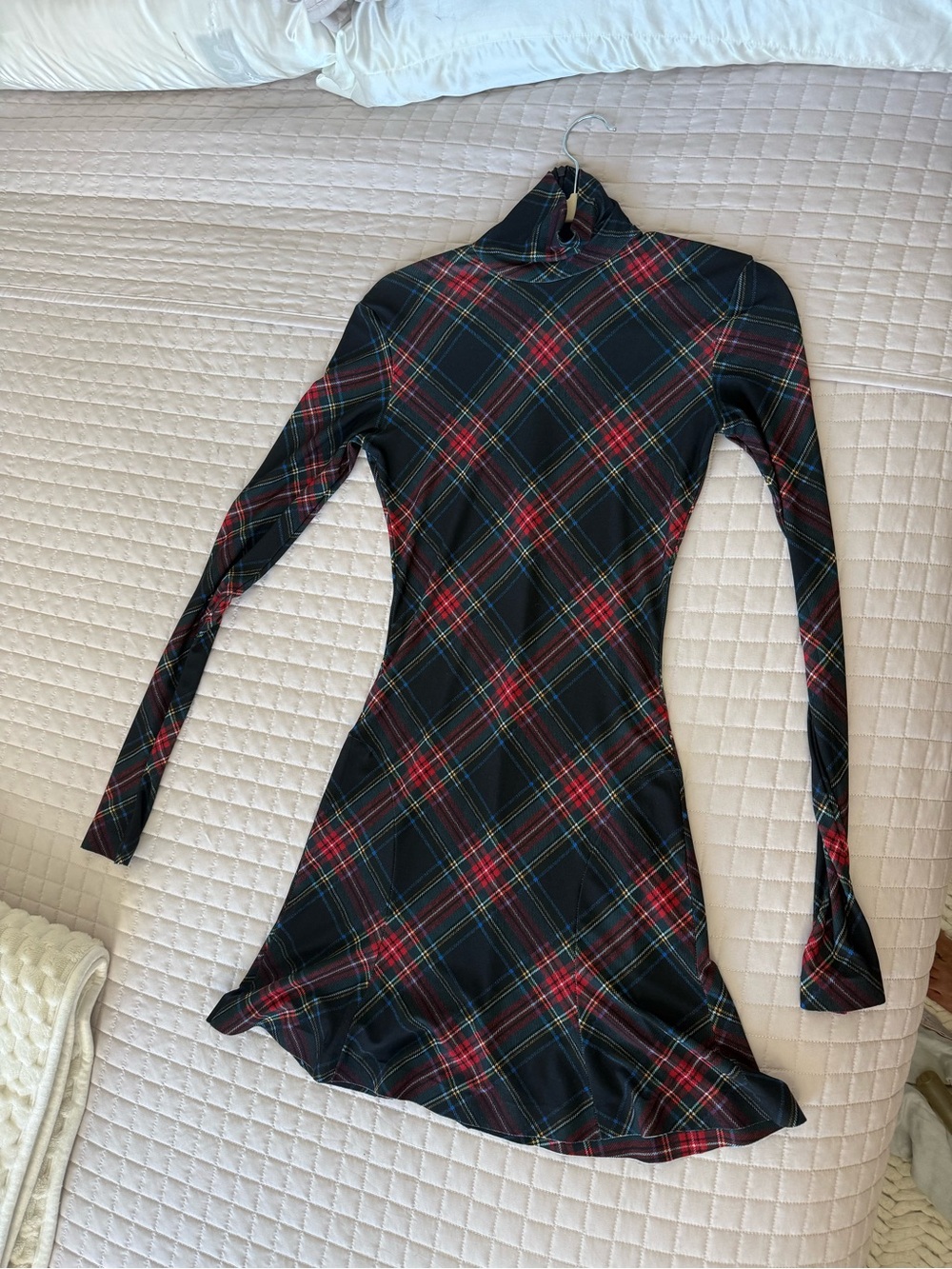 Norma Kamali Black and Red Plaid Long-Sleeve Turtleneck Dress